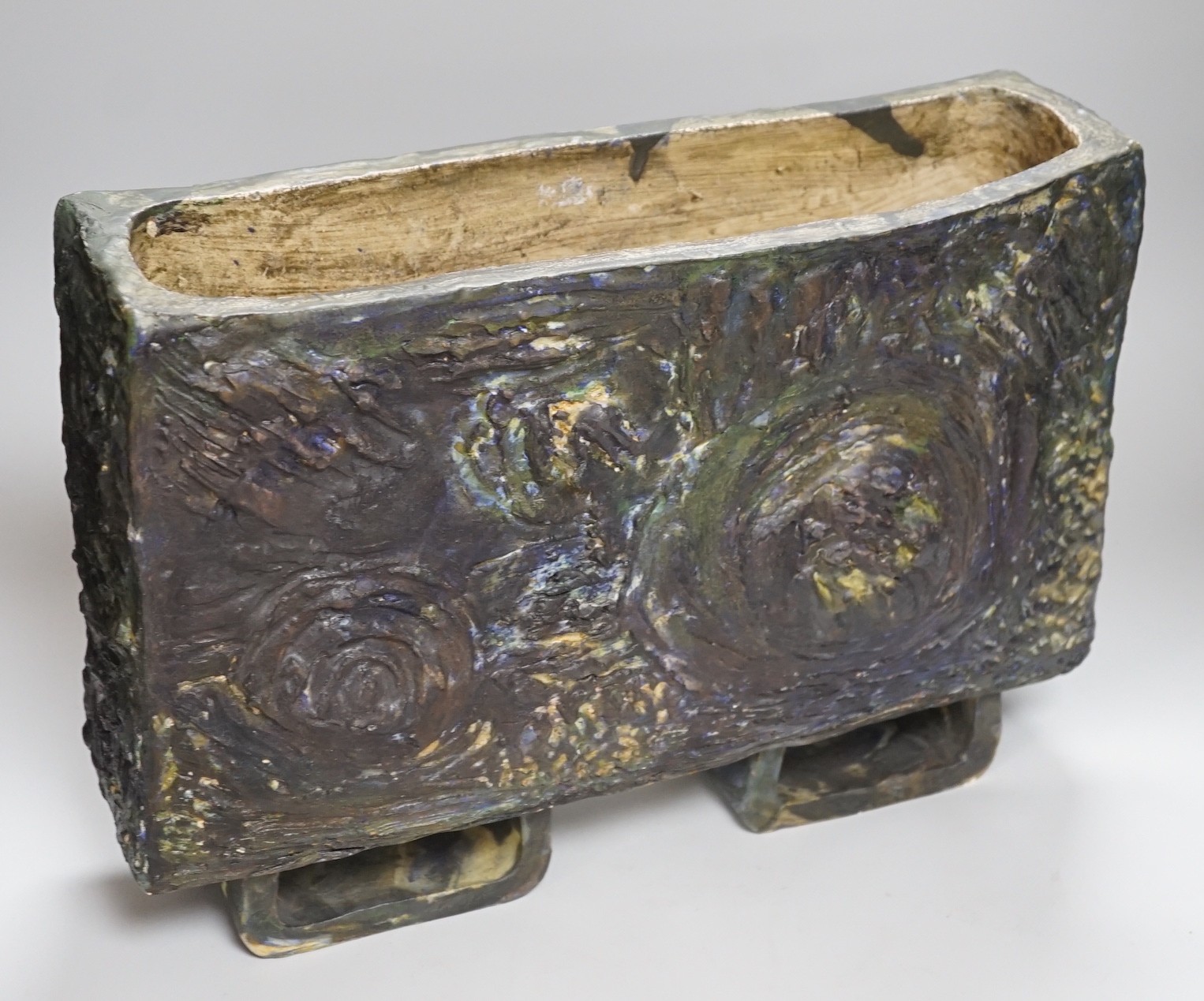 Ruth Sulke - a studio pottery rectangular mounted abstract trough, 31cms high x 44cms wide